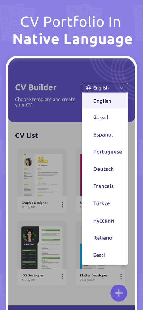 CV Maker: Resume Builder App - Menü zur Sprachauswahl in der CV Maker App, das mehrsprachige Lebenslauferstellungsoptionen zeigt.