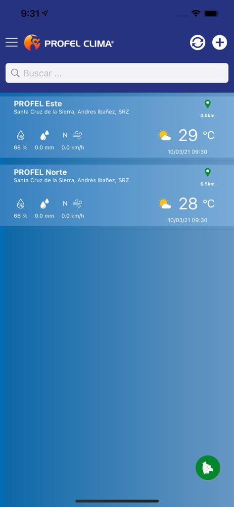 PROFEL Clima 2.0 - Panel de la aplicación PROFEL Clima 2.0 que muestra datos meteorológicos en tiempo real de estaciones locales, incluyendo temperatura y humedad
