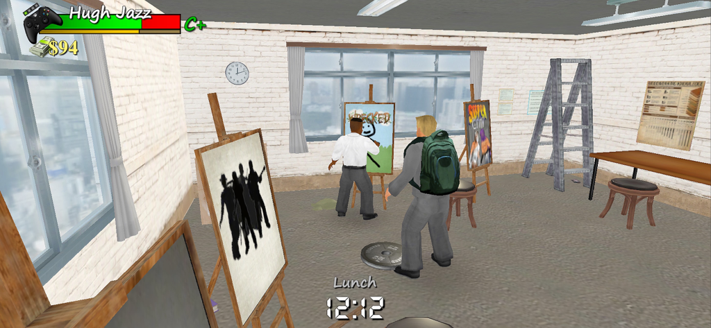 Old School 3D의 이젤이 있는 복고풍 3D 미술 교실의 캐릭터들