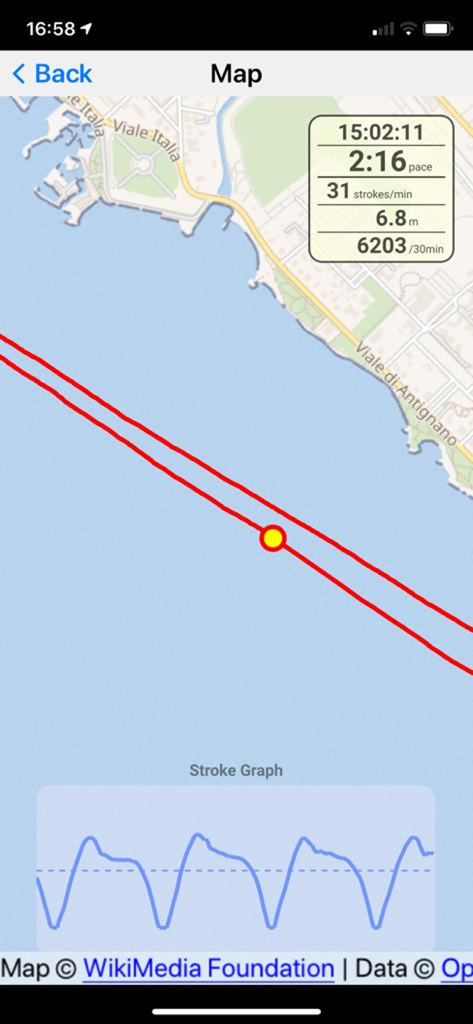 Rowing Coach 5.0 - Rowing Coach 5.0 app interface showing a GPS map of a rowing route with real-time pace stroke rate and a stroke graph