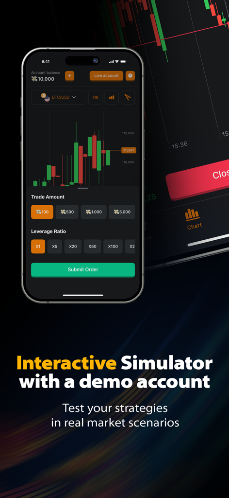 Forex Trading Guide - 캔들스틱 차트와 거래 설정이 있는 대화형 외환 거래 시뮬레이터를 보여주는 스마트폰 화면