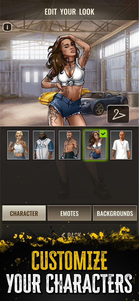 The Gang: Street Wars - The Gang Street Wars character customization menu showing a female avatar with tattoos and urban style clothing