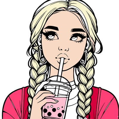 realistic girl with braided hair drinking boba
