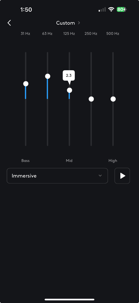 Logitech G - Interface of the Logitech G mobile app showing custom equalizer settings for gaming headset audio