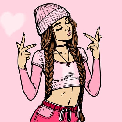 realistic teenage girl with braids and a beanie and crop top doing 🫶🏼