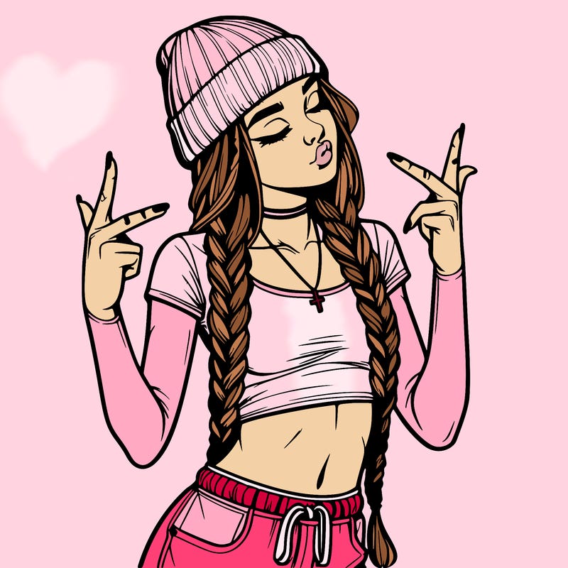 realistic teenage girl with braids and a beanie and crop top doing 🫶🏼