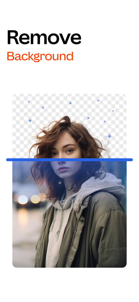 Remove.bg - Split screen showing a portrait of a woman with its background being removed by AI