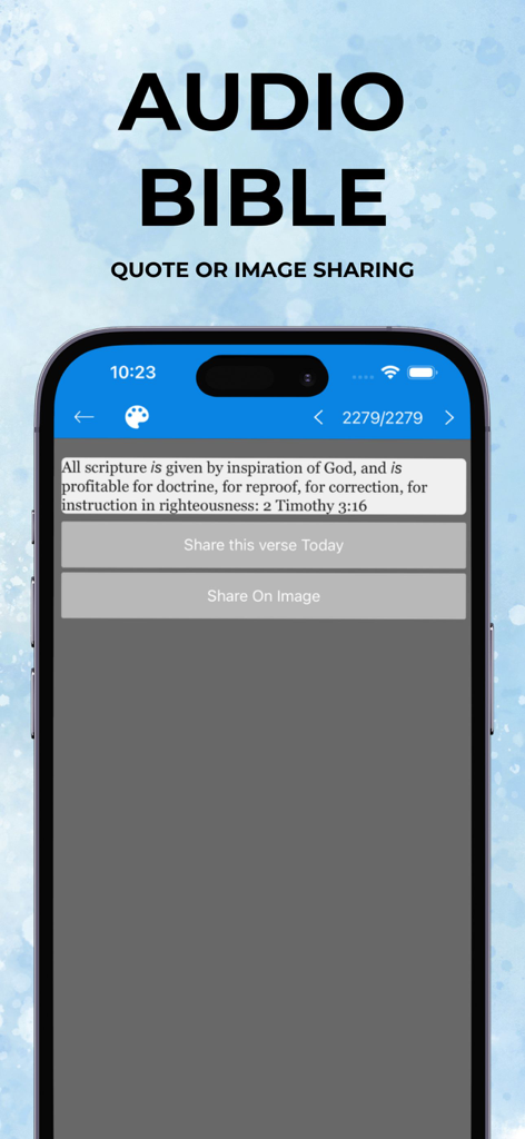 Interface of the Audio Bible app showing options to share the Bible verse 2 Timothy 3:16 as a quote or on an image.