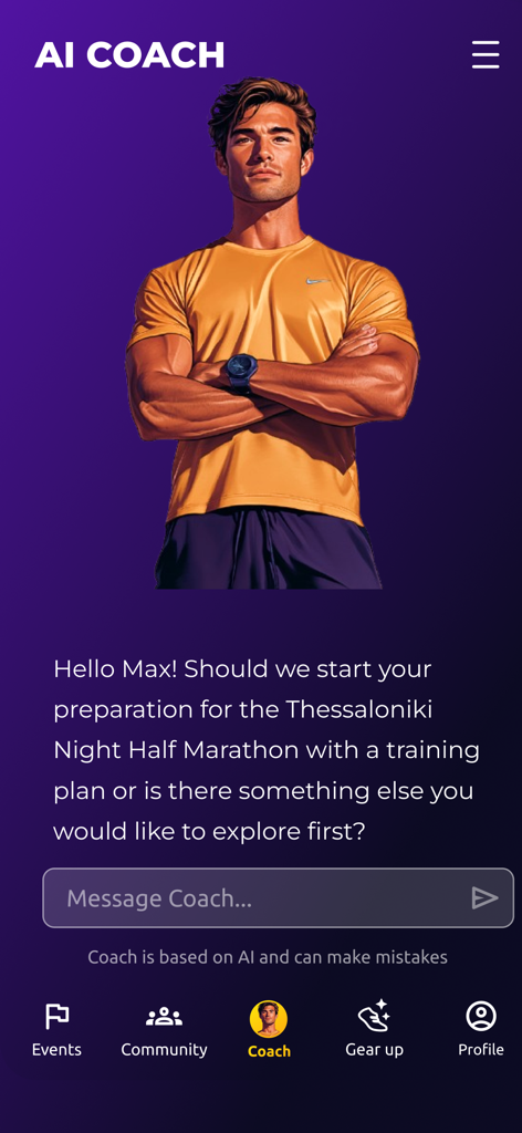 Pace Sports - Interface of the Pace Sports app showing an AI coach greeting a user with a personalized training plan for a half marathon.