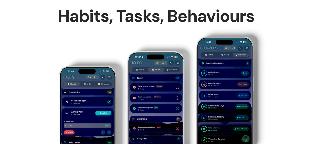 Xified Personal Dashboard - Three mobile screens displaying the habit tracking, to-do list, and behavior monitoring features of the Xified personal dashboard app.