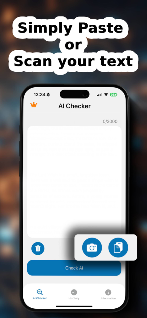 AI Checker app interface showing options to paste or scan text for AI detection
