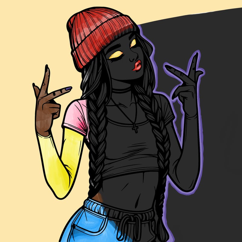 realistic teenage girl with braids and a beanie and crop top doing 🫶🏼