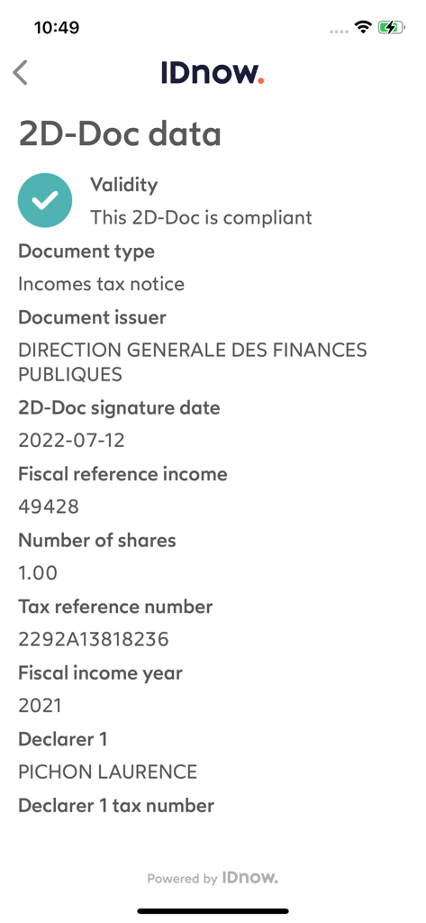 Une capture d'écran de 2DDocReader montrant un résultat de scan conforme avec les détails du document tels que le type et l'émetteur.