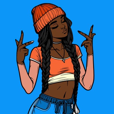 realistic teenage girl with braids and a beanie and crop top doing 🫶🏼