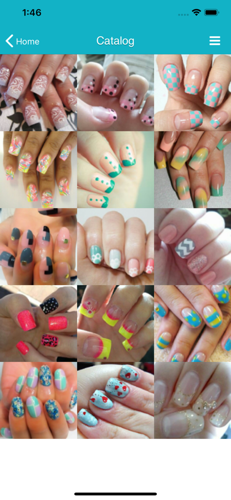 A digital catalog in the TapNail app showing various nail art and manicure designs in a grid view