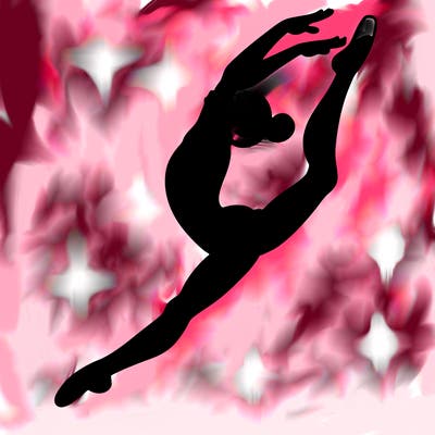 gymnast doing a leap in a leotard with a bent back leg