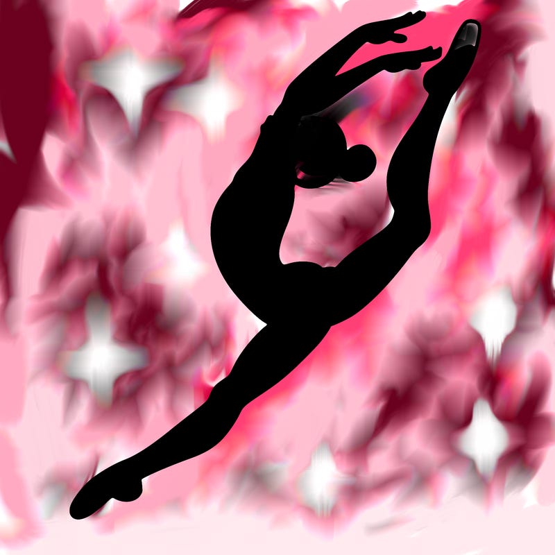 gymnast doing a leap in a leotard with a bent back leg