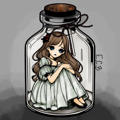 beautiful realistic girl trapped in bottle