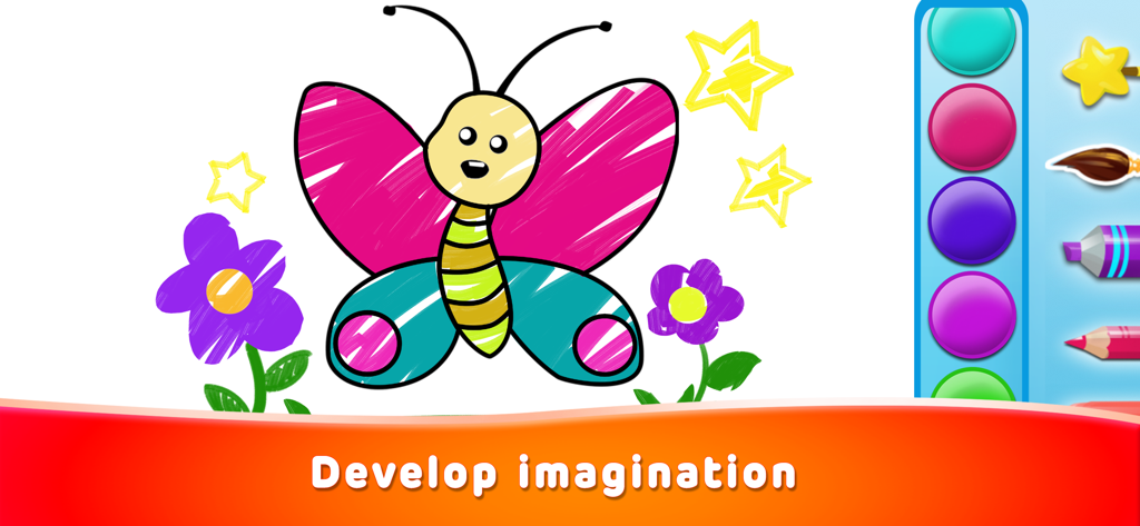 Die Benutzeroberfläche eines Malspiels für Kleinkinder mit einer Schmetterlingszeichnung und dem Text 'Fantasie entwickeln'