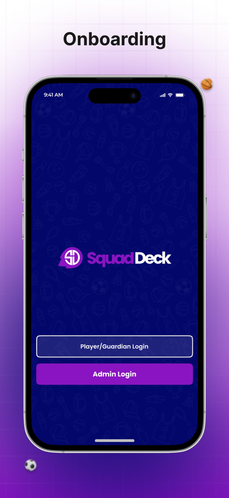 Schermata di onboarding dell'app SquadDeck con pulsanti di accesso per giocatori e amministratori