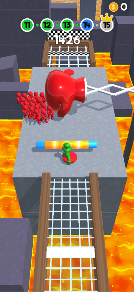 Green character pushing red enemies in Push em all game with a giant boxing glove trap