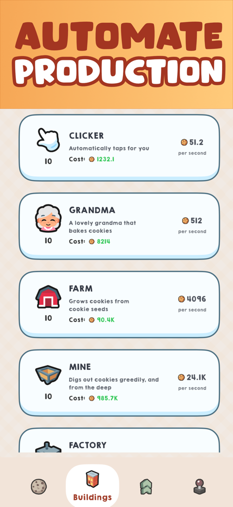 Cookie Empire: Idle Clicker - Pantalla del juego Cookie Empire mostrando edificios de producción como Granja de Abuelas Clicker y Mina.