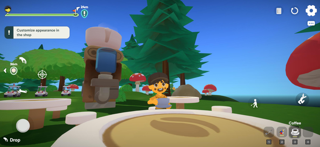 Super Battle Golf - Un personaje estilizado sosteniendo una taza de café en un campo de golf verde brillante con champiñones rojos en Super Battle Golf.