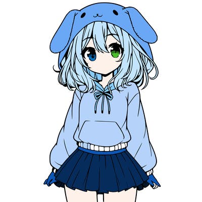 pretty anime girl wearing a fluffy hoodie with bunny ears on the hood and a skirt