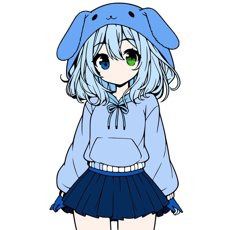 pretty anime girl wearing a fluffy hoodie with bunny ears on the hood and a skirt