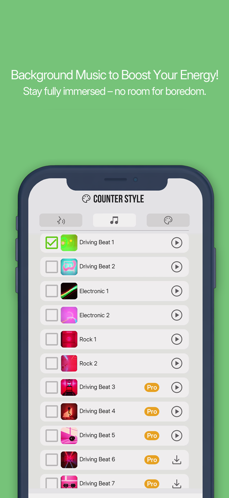 My Voice Counter : AI Trainer - Interfaz de la app móvil que muestra una lista de pistas de música de fondo de alta energía para entrenamientos