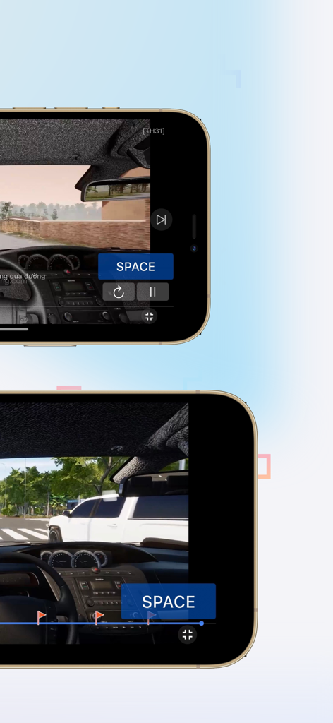Mô Phỏng Giao Thông V2.0.0 - Interfaccia dell'app di simulazione del traffico vietnamita che mostra scenari di guida in prima persona e il pulsante spazio per il test