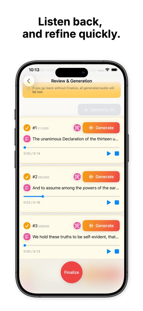 Chinny: Offline Voice Cloner - Review and generation screen of Chinny app showing multiple audio clips for playback and refinement