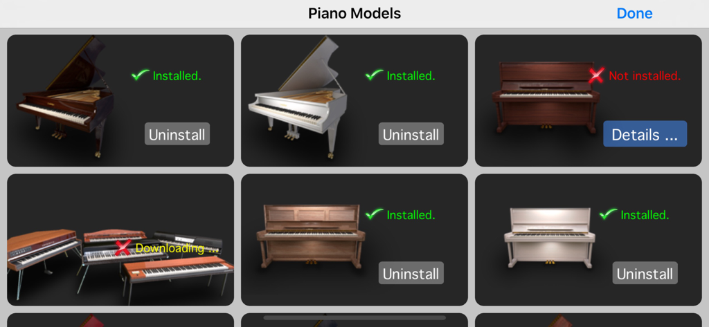 Colossus Piano - Una libreria di modelli di pianoforte a coda e verticale che mostra lo stato di installazione all'interno dell'app Colossus Piano