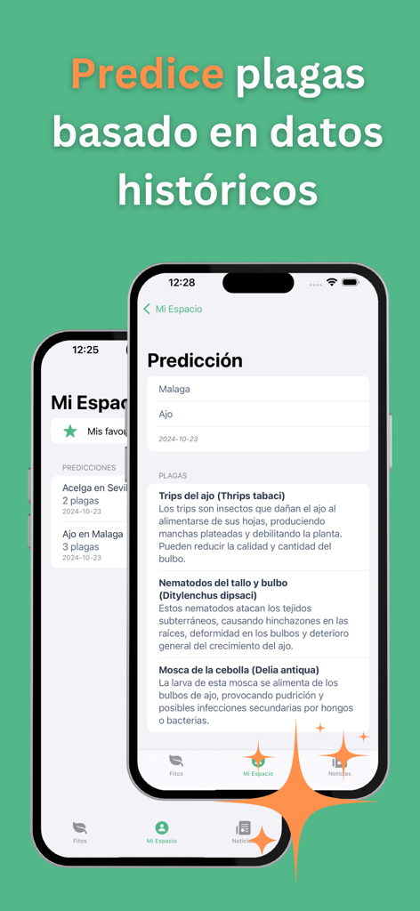 Interfaz móvil de la aplicación FitoFarma que muestra las plagas predichas para el ajo basándose en datos históricos