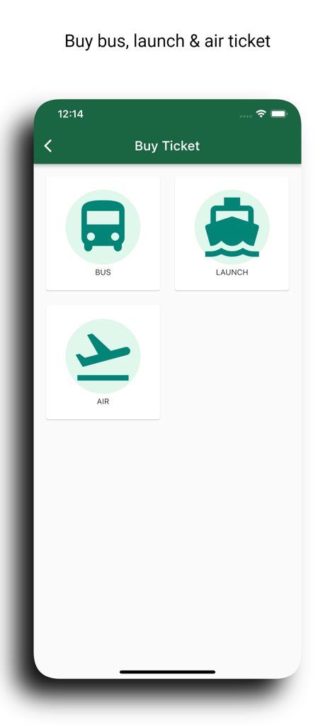 CellFin App-Bildschirm mit Optionen zum Kauf von Bus-, Schiffs- und Flugtickets