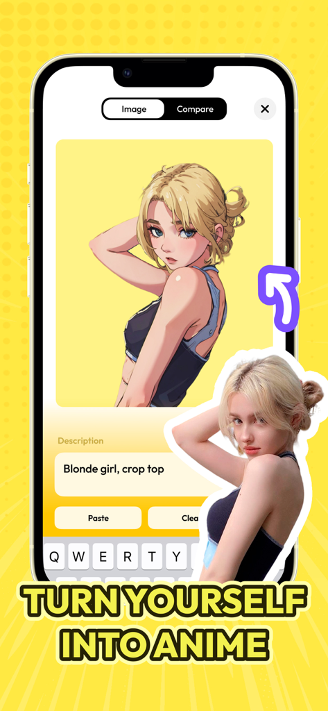 Écran de smartphone montrant l'interface de l'application Anime Filter avec une photo d'une fille blonde en train d'être transformée en personnage d'anime en fonction de descriptions textuelles