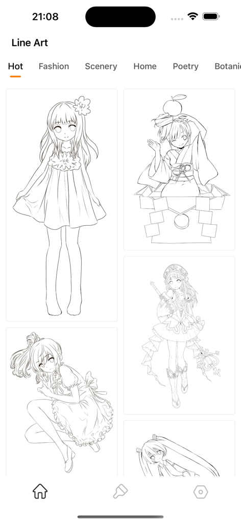 A mobile app interface displaying a collection of black and white anime line art sketches