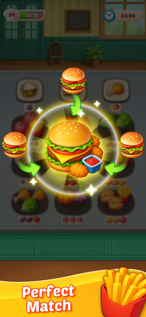 Food Sort: Puzzle Game - Food Sortモバイルパズルゲームで、漫画のハンバーガーとナゲットの完璧なマッチ。