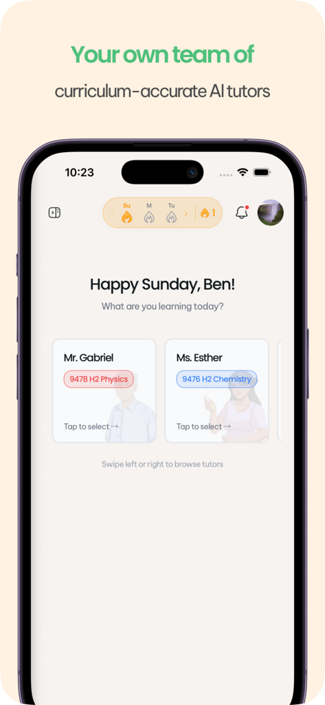 Pallo - Pallo app home screen showing specialized AI tutors for H2 Physics and H2 Chemistry curricula.