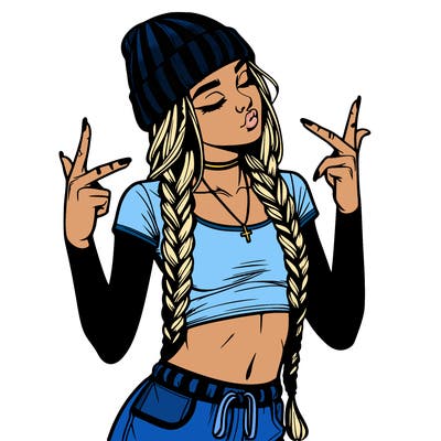 realistic teenage girl with braids and a beanie and crop top doing 🫶🏼