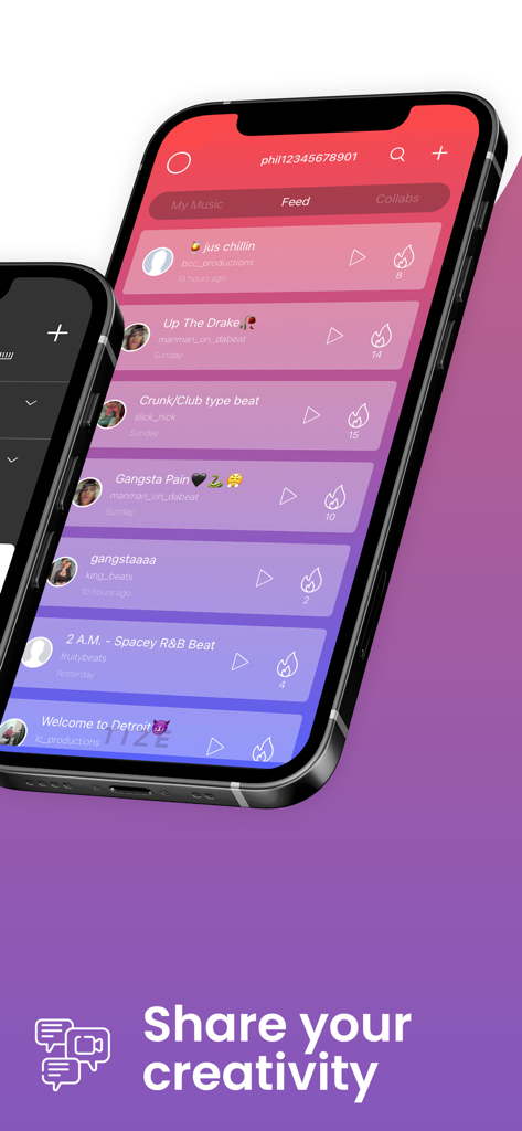 Tize: Music & Beat Maker - A smartphone screen displaying the Tize app social feed with user created beats and a voting system.