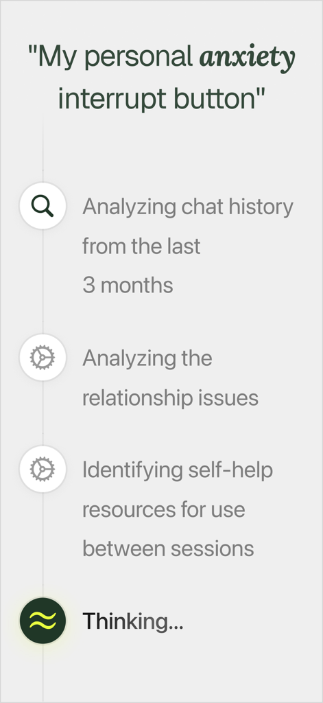 Elomia: Mental Health AI - Screenshot of Elomia app interface showing AI analyzing chat history and relationship issues for mental health support.