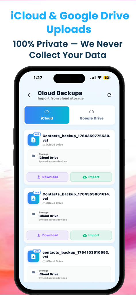 Contacts Backup : Pro - Interface showing iCloud and Google Drive cloud backup options for contacts with 100% privacy guarantee