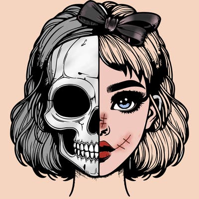 realistic girl with half skull mask