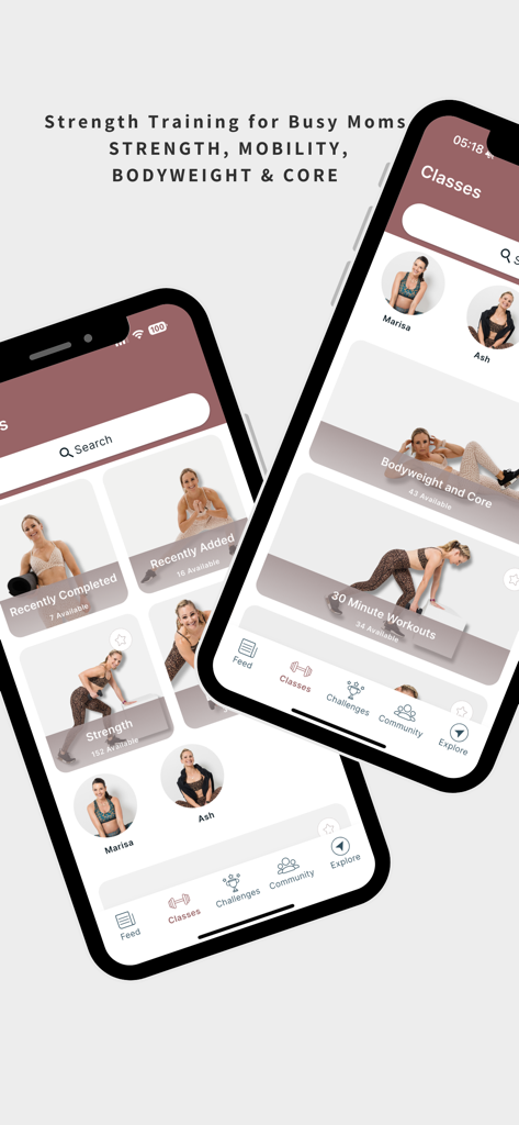 FitMom App - Interface de l'application FitMom montrant des cours d'entraînement de force, de mobilité et au poids corporel pour les mères actives