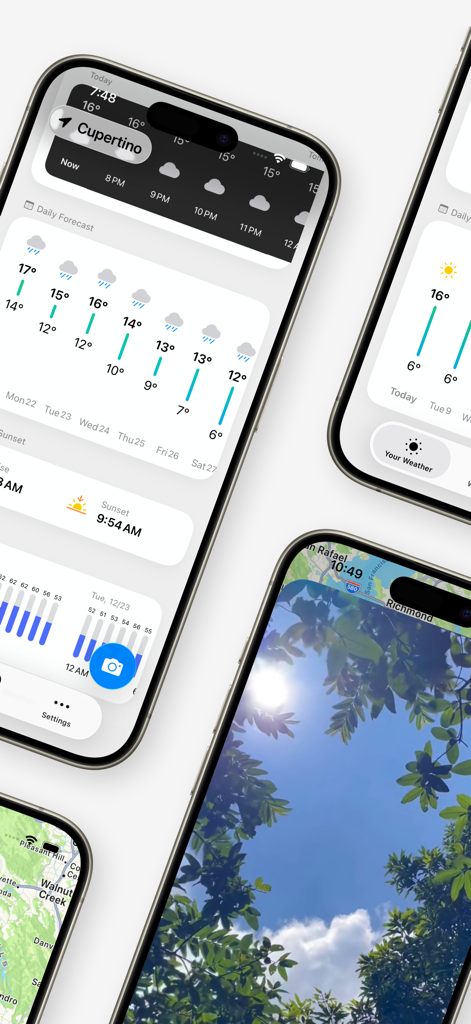 Your Weather. - Your Weather App-Screenshots, die eine tägliche Vorhersage und ein echtes von Benutzern geteiltes Foto eines blauen Himmels durch Bäume zeigen