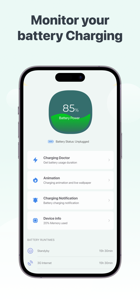 Live Wallpaper: Charging App - Interfaz de la aplicación Fondo de Pantalla Animado: App de Carga en un iPhone que muestra la salud de la batería y estadísticas de tiempo de ejecución.