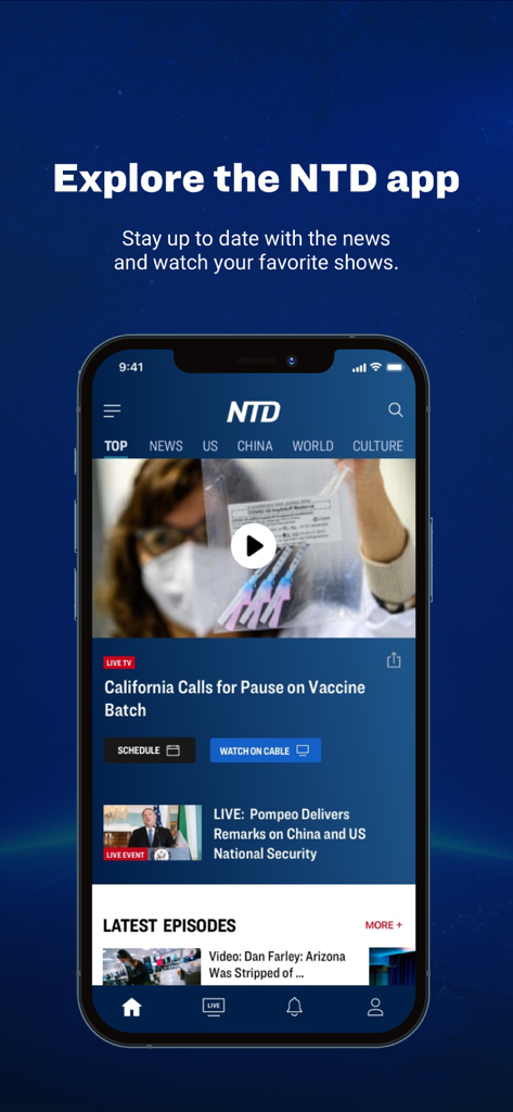 NTD: Live TV & Breaking News - NTD news app interface featuring live broadcasts and breaking news stories