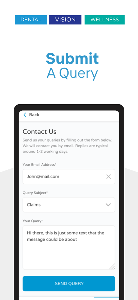DeCare - DeCare mobile app contact form for submitting dental or vision insurance queries and claims.