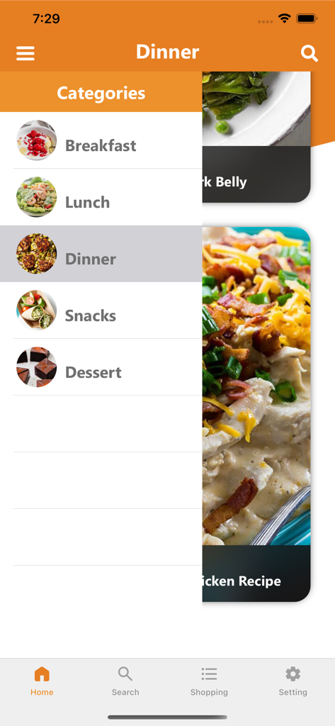 Keto Recipes: Low Carb Diet - Pantalla de la aplicación de recetas Keto que muestra un menú de categorías de comidas como desayuno, almuerzo y cena.